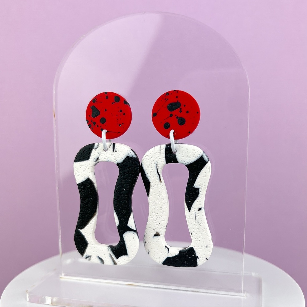 Black White Abstract Pattern Red Black Splatter Polymer Clay Earrings Ha…